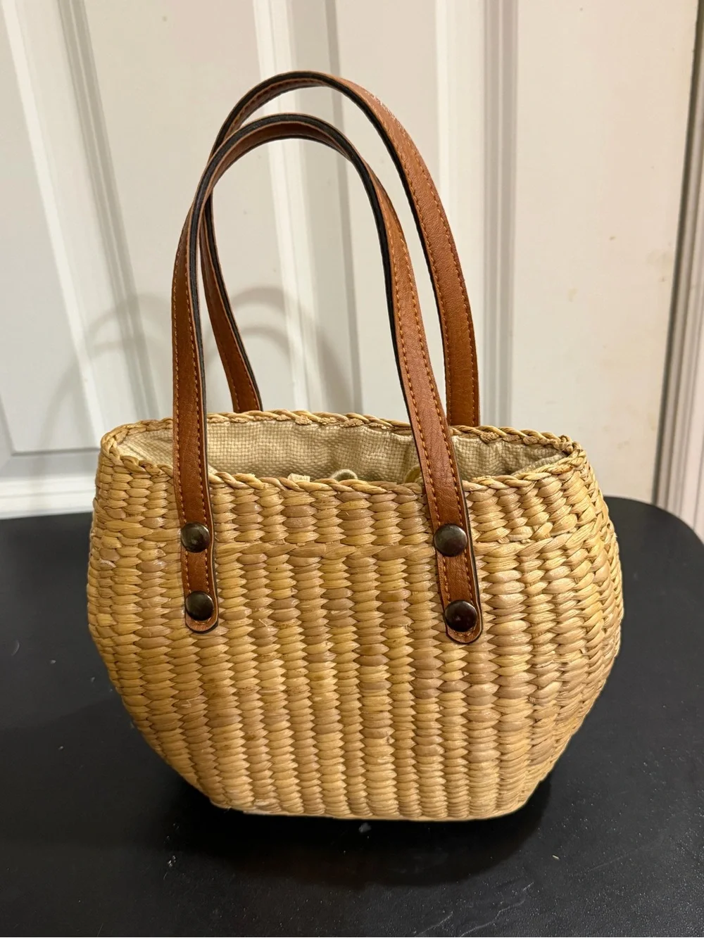 Natural Woven Tote with Brown Leather Handles